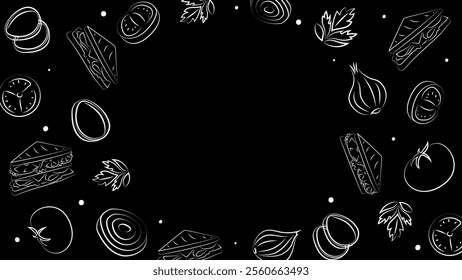 Vector illustration. Background with copy space for text. Pattern of halves, slices and rings of onion, tomatoes; sandwich. Sketch style. Hand drawn kitchen ingredients template for culinary themes.