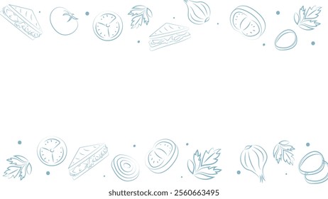 Vector illustration. Background with copy space for text. Pattern of halves, slices and rings of onion, tomatoes; sandwich. Sketch style. Hand drawn kitchen ingredients template for culinary themes.