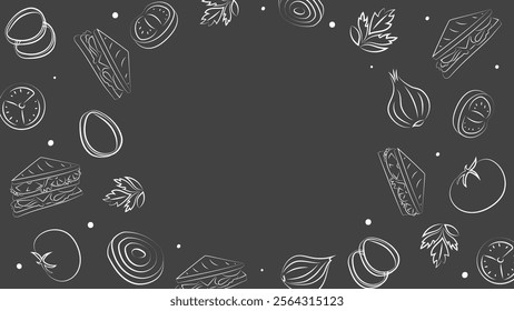 Vector illustration. Background with copy space for text. Pattern of halves, slices and rings of onion, tomatoes; sandwich. Sketch style. Hand drawn kitchen ingredients template for culinary themes.