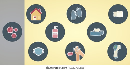 Vector Illustration background of corona virus cell icon, info graphic Flat icons of life saving for safety measures equipment's from deadly covid-19, flat cons for social awareness