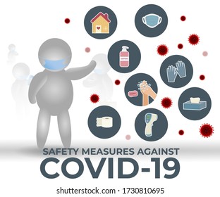 Vector Illustration background of coronavirus cell icons. Flat infographic icons of life saving safety measure equipment to prevent deadly covid-19, flat cons for social awareness, 3D character 