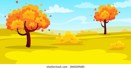 Vector illustration background of the countryside. Hill landscape with pines and cypresses. Autumn scenery with red and yellow colors.