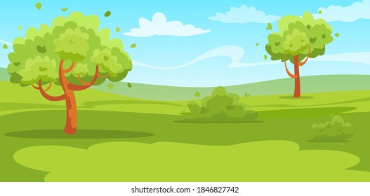 Ilustración vectorial Antecedentes del campo. Paisaje de las colinas con pinturas y cipreses. Paisaje veraniego o primavera con colores verdes y azules.