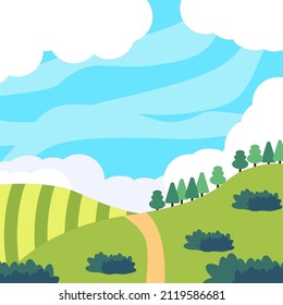 Antecedentes vectoriales del campo. Paisaje montañoso con paisaje primaveral con hierba verde y cielo azul.