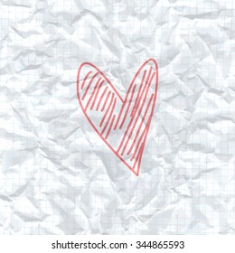 Vector illustration. Background crumpled paper into the cell. Red heart drawn by hand with a marker.