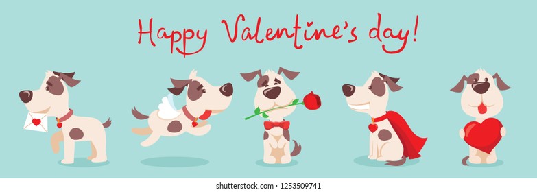 Vector illustration background with cute cartoon little Valentine dog-puppies in love and funny greeting text