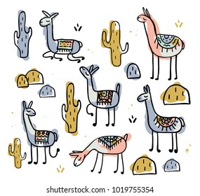 vector illustration background with cute hand-drawn lamas. design of graphics for ethnic ethnic flyers of patterns, booklets, posters. hipster design