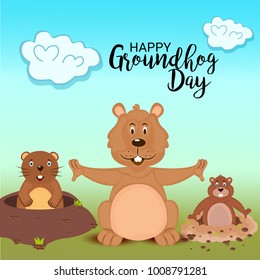 Vector illustration of a Background with Cute Marmot for Happy Groundhog Day, 2 February.