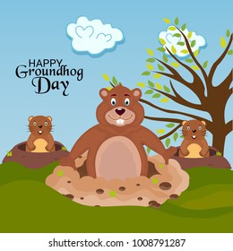 Vector illustration of a Background with Cute Marmot for Happy Groundhog Day, 2 February.