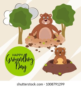 Vector illustration of a Background with Cute Marmot for Happy Groundhog Day, 2 February.