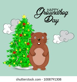 Vector illustration of a Background with Cute Marmot for Happy Groundhog Day, 2 February.