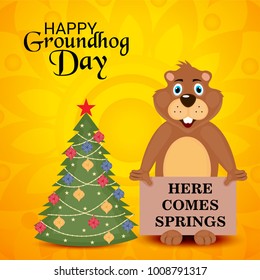 Vector illustration of a Background with Cute Marmot for Happy Groundhog Day, 2 February.