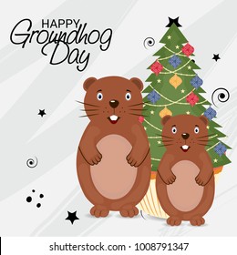 Vector illustration of a Background with Cute Marmot for Happy Groundhog Day, 2 February.