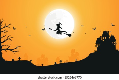 Vector illustration background ็็Halloween day. The witch riding a broom through the full moon.