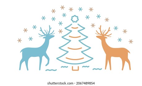 Vector illustration of the background of deer, snowflakes, Christmas trees and gifts. Holiday. Isolated on a white background.