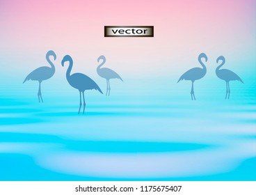 Vector illustration of background with delicate flowers and bright pink and blue water of the sea and Flamingo birds