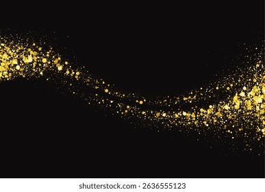 Vector Illustration Background Depicting Golden Glitter Particle Wave on Black. Abstract Design Featuring Sparkles and Glow with Elegant Composition Ideal for Celebrations and Festive Themes
