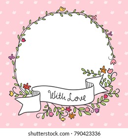 Vector illustration background design greeting card beautiful wreath flower sweet pink color.Draw doodle style.
