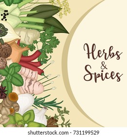 Ilustração vetorial do projeto de fundo com ervas e especiarias