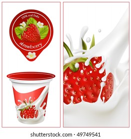 Vector illustration. Background for design of packing yoghurt with photo-realistic vector of strawberry.