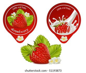 Vector illustration. Background for design of packing yoghurt with photo-realistic vector of strawberry. Red ripe strawberry with leaves and flowers.