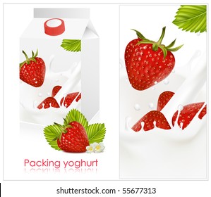 Vector illustration. Background for design of packing yogurt with photo-realistic vector of strawberry.