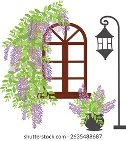 Vector illustration of background design with window, lamp post and wisteria flower branch 