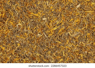 Ilustración vectorial de los antecedentes de hierba seca CALENDULAE FLORES o pétalos Marigold utilizados en medicina a base de plantas. El concepto de tratamiento a base de hierbas. Principio activo CALENDULA OFFICINALIS
