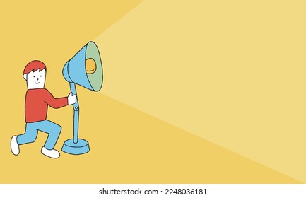 Vector illustration for background. Education concept. Boy lighting a desk lamp with a light cone shining spot light.