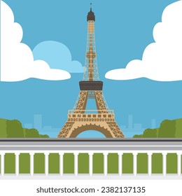 Vector illustration background with Eiffel Tower in Paris. World famous France tourist attraction symbol. International landmarks design postcard or travel poster