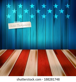 Vector illustration background. Empty wooden deck table over USA flag background. USA national holidays