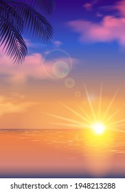 Vector illustration background of evening sea, sun and silhouette palm trees (landscape)