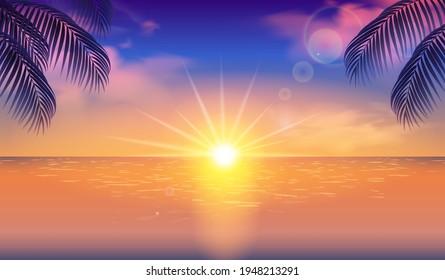 Vector illustration background of evening sea, sun and silhouette palm trees (landscape)