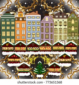Vector illustration. Background. Evening village winter landscape with snow covered houses. Christmas winter scene.