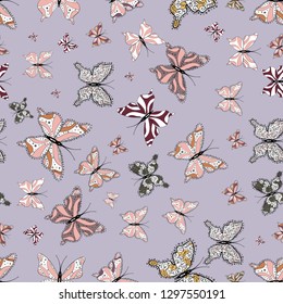 Vector illustration. Background for Fabric, Textile, Print and Invitation. Beauty in Nature. Seamless pattern with Flying Butterflies in Watercolor Style.