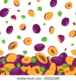 Vector illustration background of falling ripe plums. Pattern juicy plum fruits whole and slice, leaf appetizing looking. Group of tasty fruits colorful design for packaging of juice breakfast, food