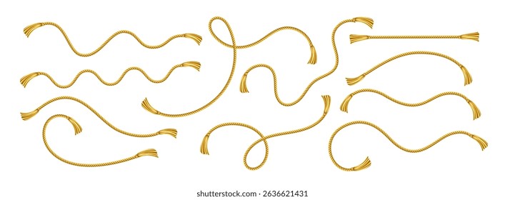 Vector Illustration Background Featuring Realistic Gold Ropes in Various Twisted and Curled Arrangements, Depicting Decorative and Ornamental Rope Shapes, Isolated on a White Background.