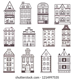 Ilustración vectorial con fondo de casas planas de líneas de caricatura. Ciudad, diseño urbano. Antecedentes urbanos. Conjunto de edificios exteriores de fachada. iconos antiguos, retro y modernos