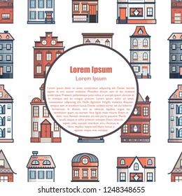 Vector illustration with background of flat cartoon line houses. City, town design. Urban landscape seamless background. Set of exterior facade buildings. Old, retro and modern front view houses icon