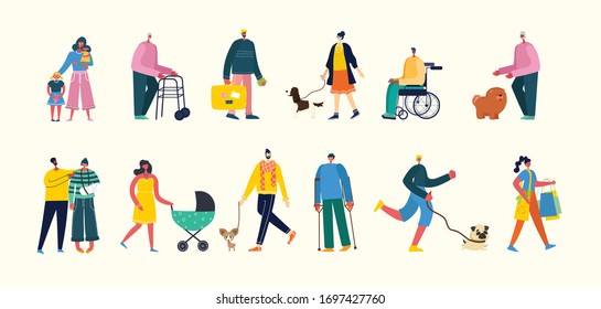 Vector illustration background in flat design of group people walking outdoor in the park on weekend