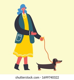 Vector illustration background in flat design of group people walking with dogs outdoor in the park on weekend