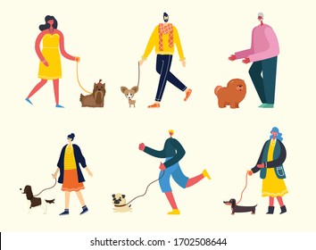 Vector illustration background in flat design of group people walking with dogs outdoor in the park on weekend