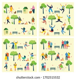 Vector illustration background in flat design of group people walking  outdoor in the park on weekend