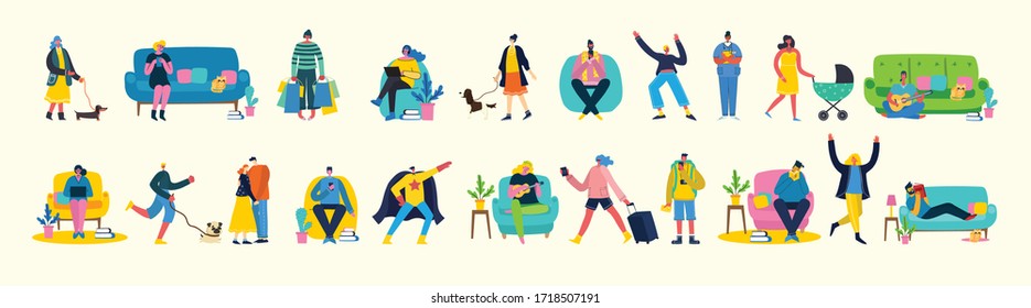 Vector illustration background in flat design of group people doing different activity