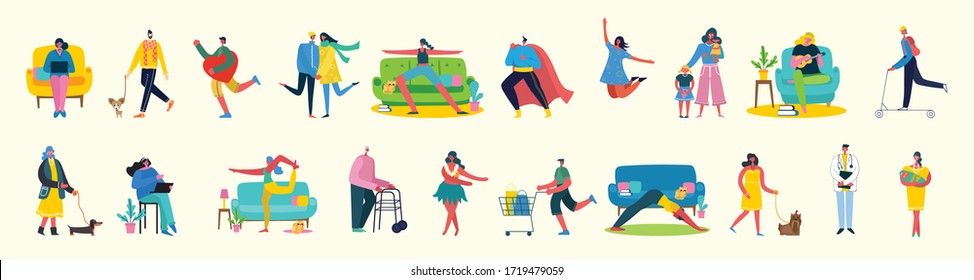 Vector illustration background in flat design of group people doing different activity