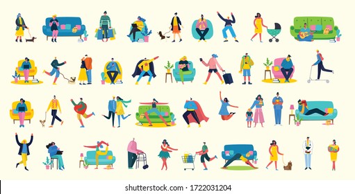 Vector illustration background in flat design of group people doing different activity