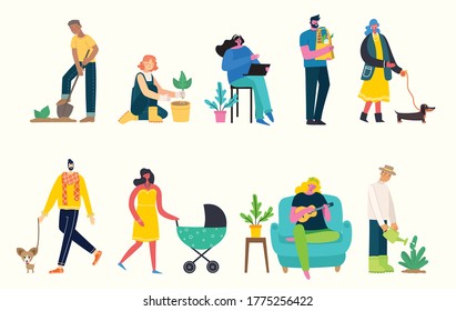 Vector illustration background in flat design of group people doing different activity in the flat style