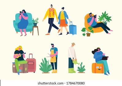 Vector illustration background in flat design of group people doing different activity in the flat style