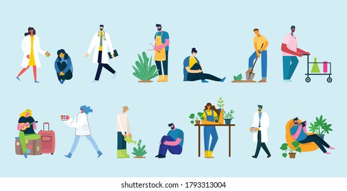 Vector illustration background in flat design of group people doing different activity in the flat style