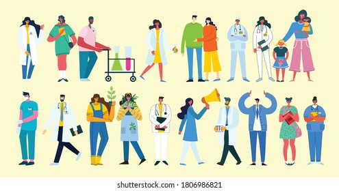 Vector illustration background in flat design of group people doing different activity in the flat style